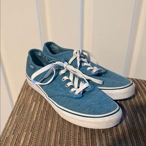 Vans Blue Canvas Low-Top Sneakers with White Laces and flower accents